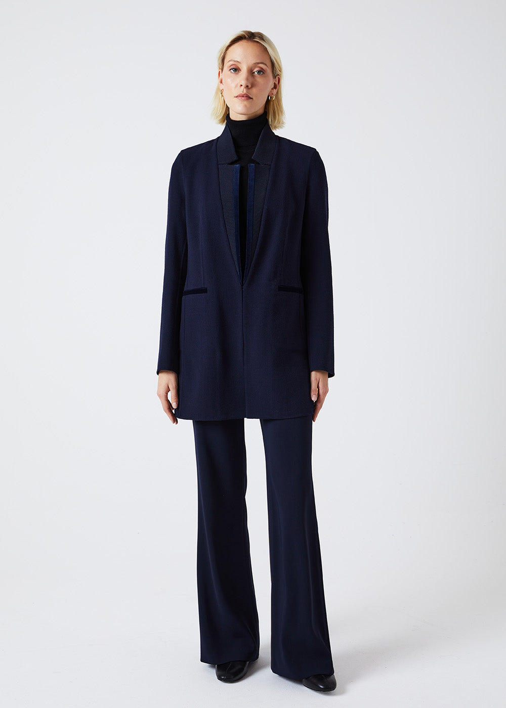 VESTE BLAZER LONGUE EN DOUBLE FACE MARINE