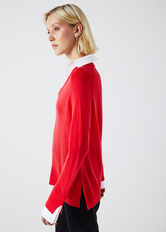 PULL COL CHEMISE EN MAILLE FINE CORAIL