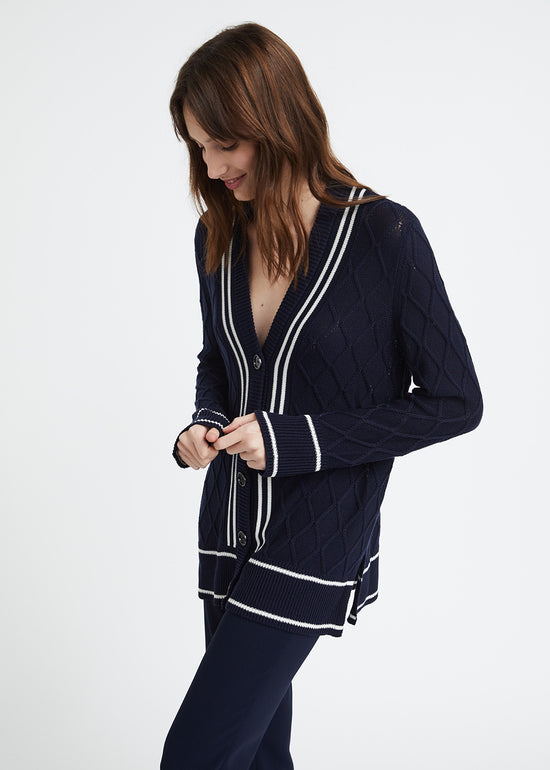 Cardigan marine oversize en soie et coton