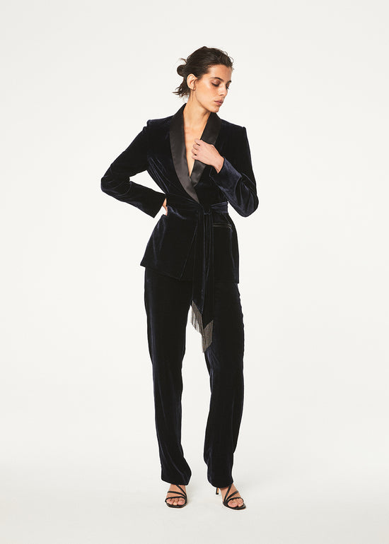 Veste ceinturée en velours marine