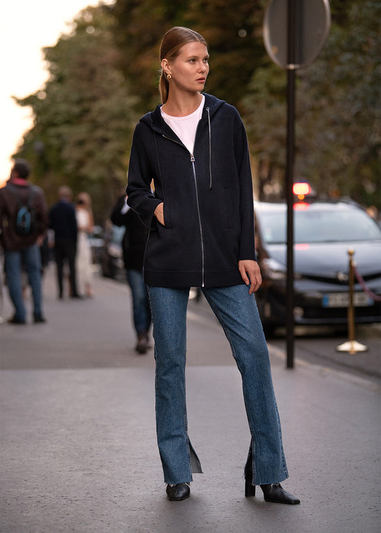Manteau bi-matières marine